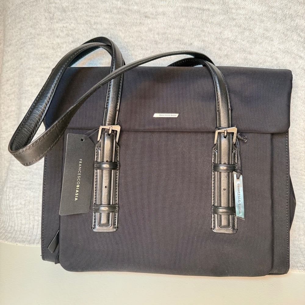Francesco Biasia BIA63 Evolution Black Nylon Leather Briefcase Laptop Bag NWT
